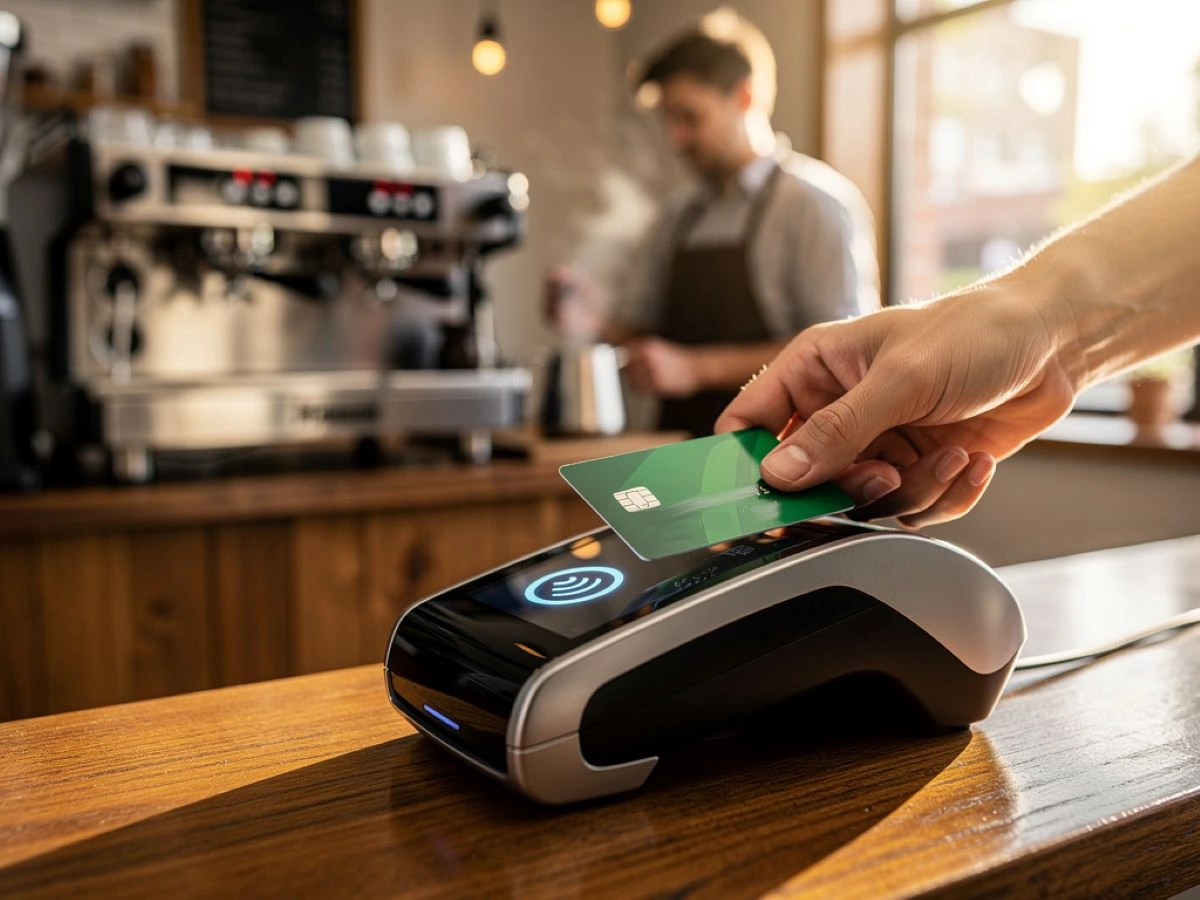 A person holding a green depit card over an eftpos machine for tap and go payment in a cafe